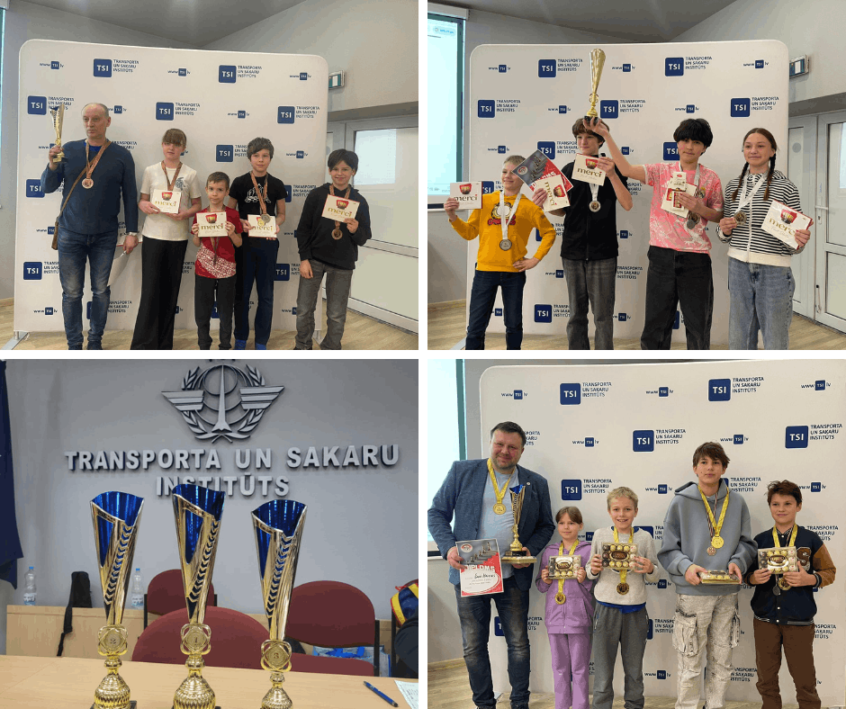 Šaha sacensību komandu uzvarētāji ar balvām